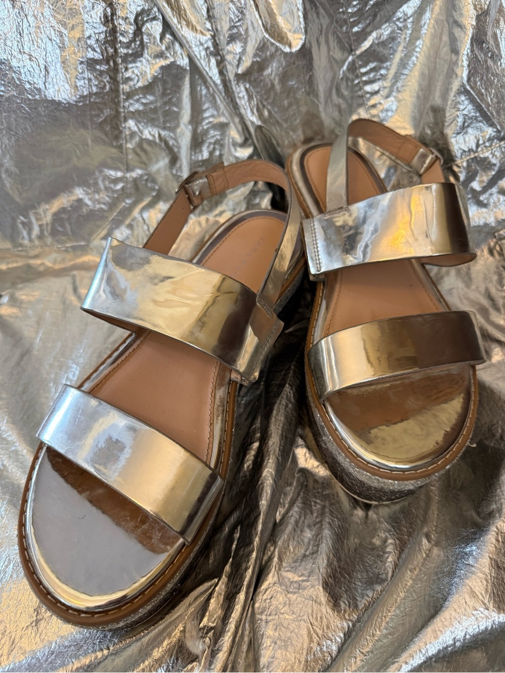 Zara Metallic Silver Platform Slingback Sandals